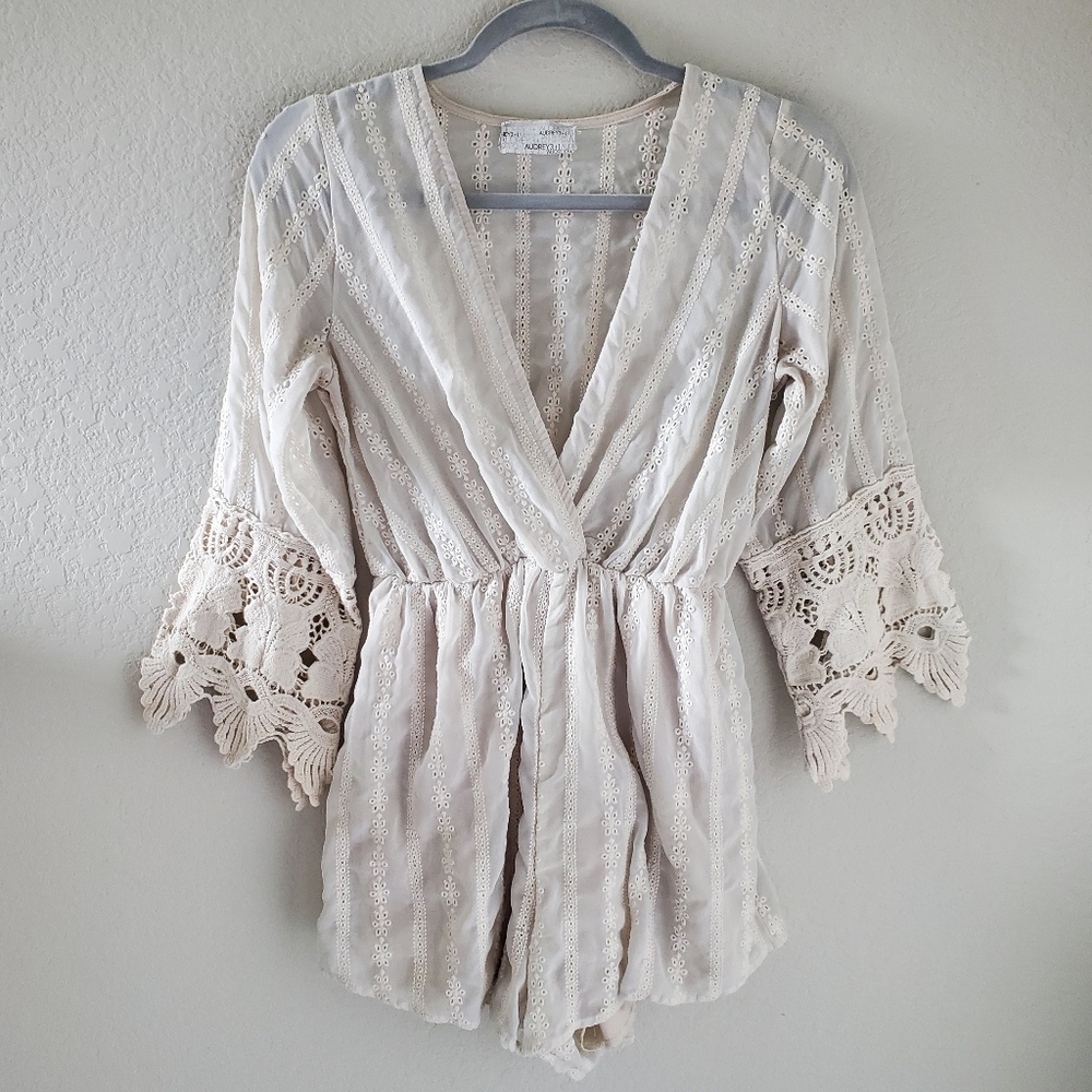 Audrey 3+1 faux wrap eyelet crochet sleeves romper